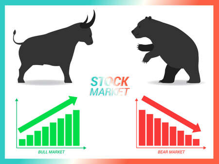 Stock market concept bull vs bear are facing and fighting on white background with downtrend and uptrend graphのイラスト素材