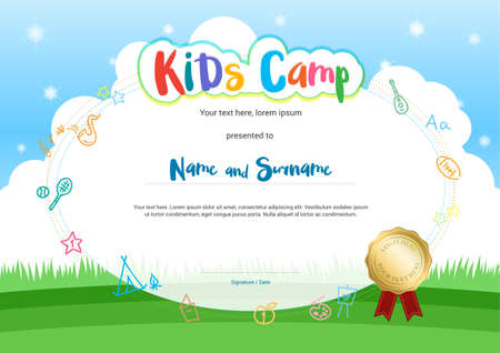 Kids summer camp diploma or certificate with cartoon style backgroundのイラスト素材