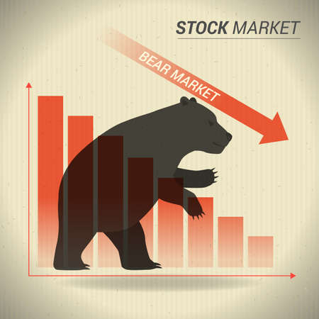 Bear market concept presents stock market with bear in front of red downtrend graph on brown paper.のイラスト素材
