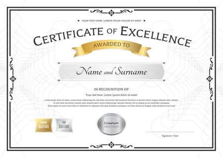 Certificate of excellence template with gold award ribbon on abstract guilloche background with vintage border style.のイラスト素材
