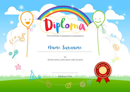 Colorful kids summer camp diploma certificate template in cartoon style with smiling balloon rainbow and skyのイラスト素材