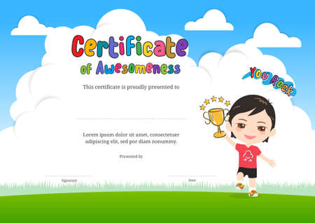 Kids Diploma or certificate of awesomeness template with cartoon style backgroundのイラスト素材