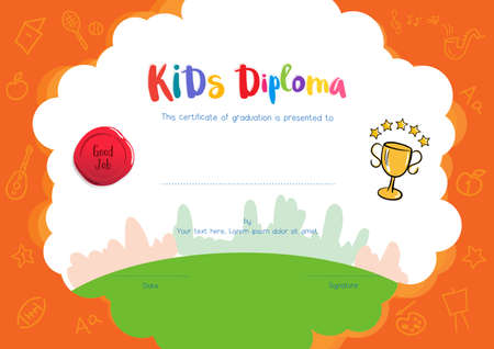 Kids Diploma or certificate template with hand drawing cartoon style backgroundのイラスト素材