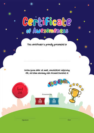 Kids Diploma or certificate of awesomeness template with cartoon style backgroundのイラスト素材