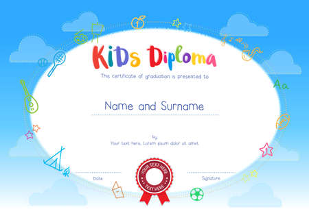 Kids Diploma or certificate template with cartoon style backgroundのイラスト素材