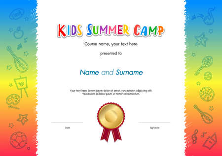 Kids Summer Camp Diploma or certificate template award seal with fun activities borderのイラスト素材