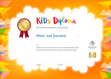 Kids Summer Camp Diploma or certificate template with seal space on orange background and borderのイラスト素材