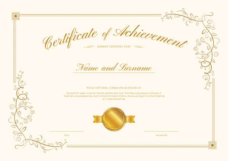 Luxury certificate template with elegant border frame. Diploma design for graduation or completion.のイラスト素材