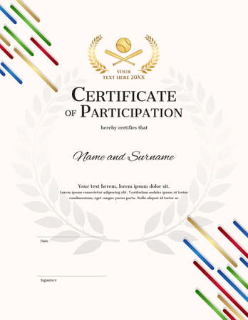 Portrait certificate template in baseball sport theme with sport color stripe theme background, Diploma designのイラスト素材