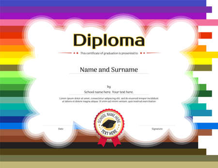 Kids Diploma or certificate template with colorful stripe backgroundのイラスト素材