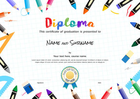 Kids Diploma or certificate template with painting stuff borderのイラスト素材