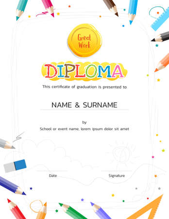 Kids Diploma or certificate template with painting stuff borderのイラスト素材