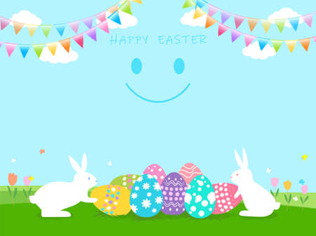 Happy Easter banner with Rabbit and Easter eggs illustration vectorのイラスト素材