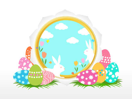 Happy Easter banner with Rabbit and Easter eggs illustration vectorのイラスト素材