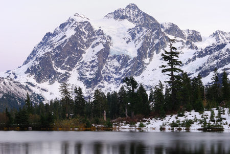 Picture Lake reflection of Mount Shuksan with snow