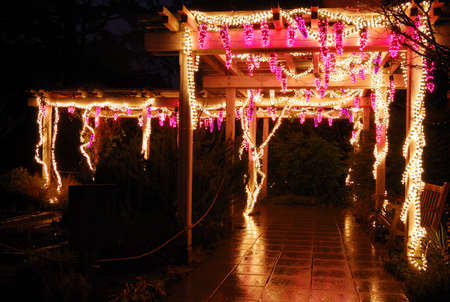 Colorful holiday lights shining in the darkの写真素材