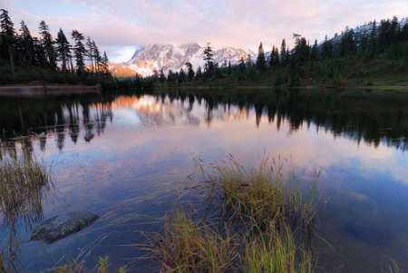 Reflection of Mt Shuksan on Picture Lake at Mount Bakerの写真素材