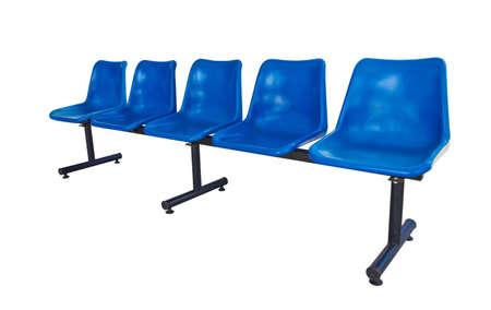 Blue plastic chairs at the bus stop isolated on whiteの写真素材