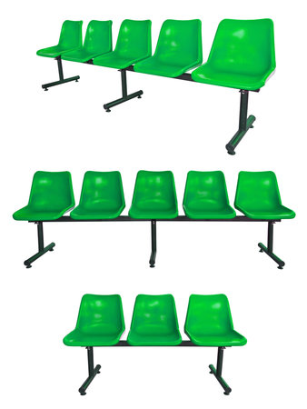 the set of green plastic chairs at the bus stop isolated on whiteの写真素材