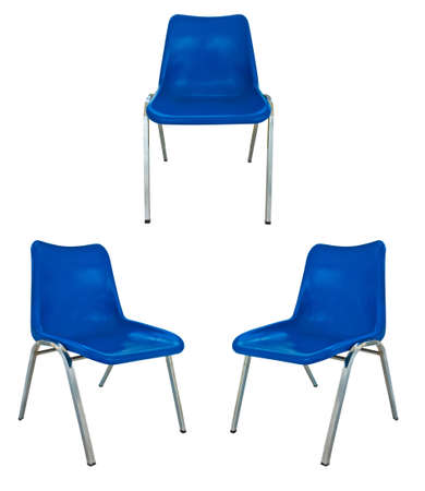 three blue plastic chairs on white backgroundの写真素材