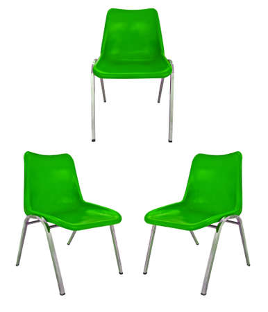 three green plastic chairs on white backgroundの写真素材