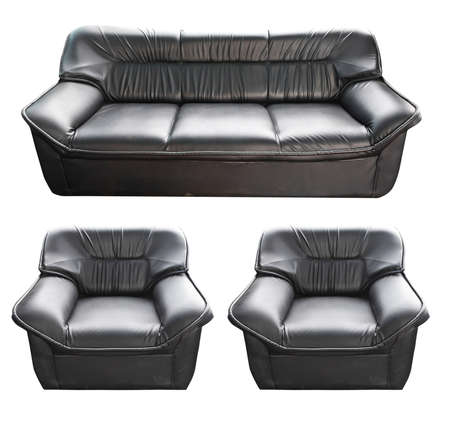set of the black leather sofa isolated on whiteの写真素材