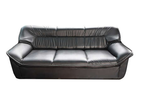 the black leather sofa isolated on white with clipping pathの写真素材