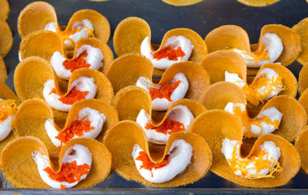 crispy pancake in Thai style on foam plate, Thai dessertsの写真素材