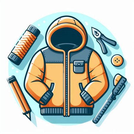 Vector illustration of a winter jacket with a hood and a set of tools.のイラスト素材