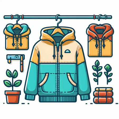 Vector illustration of a jacket on a hanger with clothes and accessories.のイラスト素材