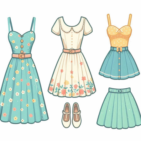 Set of cute summer dresses. Vector illustration isolated on white background.のイラスト素材