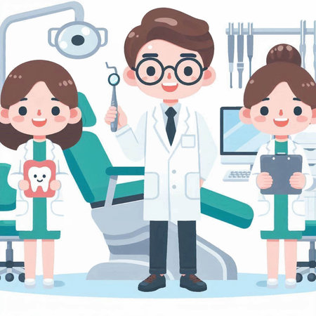 Male and female dentists in the dental office. Vector illustration.のイラスト素材