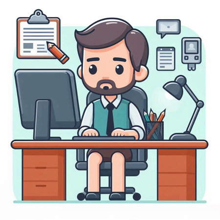 Businessman working at office desk. Vector illustration in cartoon style.のイラスト素材
