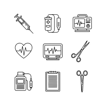 medical equipment icons set over white background, line style, vector illustrationのイラスト素材