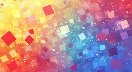 A background with a gradient of colors, made up of squares of varying sizes and hues, creating an abstract pattern. The color palette includes shades from red to yellow to blue, giving the impression that it is a rainbow in motion. This design would be suitable for backgrounds or backgrounds on digital media like graphics, web pages, mobile devices, etc., where you can change its appearance by changing your phone's wallpaper. --ar 47:26 --v 6.1 Job ID: f9eb0ffb-0edf-44ff-bb25-59352205886bの素材