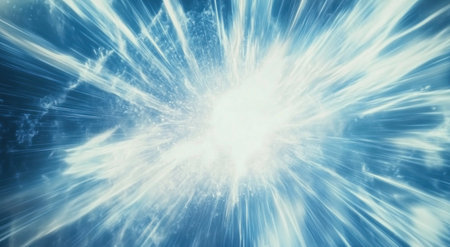 A blue and white background with an explosion of light, radiating outwards from the center in all directions. The scene is captured at close range, showcasing motion blur effects that give it a dynamic feel. In sharp focus within these rays of light lies a large empty space for text or graphics. This dynamic composition adds energy to your visual storytelling. --ar 47:26 --v 6.1 Job ID: a32259f5-7264-45eb-bb7c-eb02207f04e3の素材