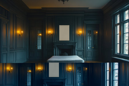 A large, dark gray bedroom with a parquet floor, fireplace, and windows. A bed stands in the center of the room. The walls have paneling. In front, there is an empty poster on which you can place your advertising text or product. There is light from lamps hanging above the headboard. --ar 3:2 --v 6.1 Job ID: f1307187-4b14-40b5-ad67-cd752d2b3d66の素材