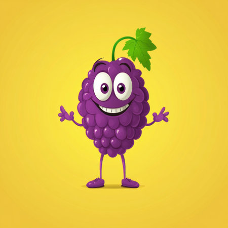 Cartoon grape character with hands and legs, smiling, vector illustration. Cute, happy fruit mascot design. High resolution, high detail, clean background, clipart style. --v 6.1 Job ID: f8afee45-6ce7-438d-aa53-49a5ef538a3aの素材