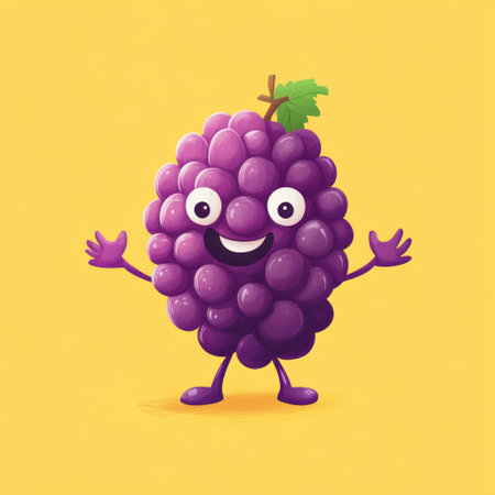 Cartoon grape character with hands and legs, smiling, vector illustration. Cute, happy fruit mascot design. High resolution, high detail, clean background, clipart style. --v 6.1 Job ID: f8afee45-6ce7-438d-aa53-49a5ef538a3aの素材