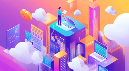 An isometric illustration of an IT professional standing on top of cloud technology and the internet, surrounded by laptops, tablets, clouds, and cityscape elements. The color scheme includes shades of purple, orange, blue, and pink to create a vibrant atmosphere. It conveys innovation in digital technology with a touch that adds depth to the visual appeal. The digital art style features soft gradients for smooth transitions between colors. --ar 78:43 --v 6.1 Job ID: f0fbbac7-3408-4428-916e-3c10272e8916の素材