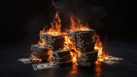 Global inflation visualized as burning stacks of money in different currencies, --chaos 30 --ar 16:9 --v 6.1 Job ID: 09bd7bfe-fdf1-4b5c-a0db-bb0cd6a8bb85の素材