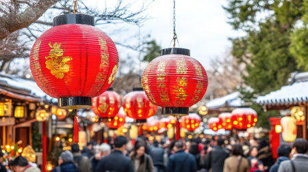 Traditional New Year celebration in Tokyo, with lanterns, temple bells, and people wearing kimonos --chaos 30 --ar 16:9 --v 6.1 Job ID: b65c4a3a-2ca4-4199-b529-594324c2726eの素材