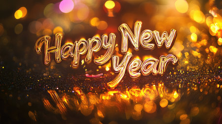 The words "Happy New Year" written in fireworks, against a golden background, with a glowing effect, in high resolution, in a bokeh panorama, with a golden background, fireworks, a fireworks display effect, a fireworks texture, colorful light and shadow, golden tones, and a festive atmosphere. --chaos 30 --ar 16:9 --v 6.1 Job ID: c25c7004-7bb6-4c80-96b1-0f83a347ad67の素材