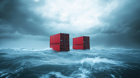 Cargo containers floating in stormy seas symbolizing climate trade disruption, --chaos 30 --ar 16:9 --v 6.1 Job ID: 8d6acb6f-1809-4f00-bfff-68ac7181f8bbの素材