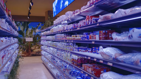 Empty supermarket shelves in a futuristic city with global warning signs on screens, --chaos 30 --ar 16:9 --v 6.1 Job ID: d7cfe58b-308b-41e6-9e10-c172840f0a4dの素材