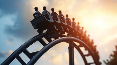 A metaphorical rollercoaster made of currency symbols with people riding it, --chaos 30 --ar 16:9 --v 6.1 Job ID: 0f1d8f34-1b7f-4350-b3a3-4796d1d143eeの素材