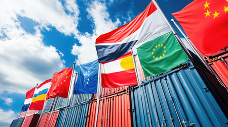 Containers labeled with country flags being rerouted through new regional paths, --chaos 30 --ar 16:9 --v 6.1 Job ID: d9d72d48-edc9-450a-8574-7e7c00dffb4cの素材