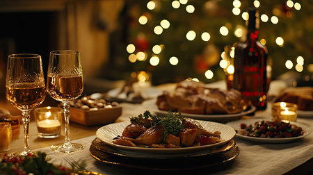A luxurious holiday dinner setup with golden lights, crystal glasses, candles, and gourmet dishes on a decorated table --chaos 30 --ar 16:9 --v 6.1 Job ID: f2f8062e-047c-498a-82e1-7ada00deeafcの素材