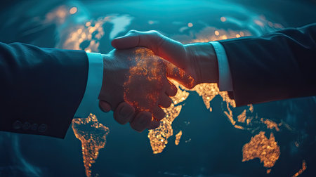 Global businesspeople shaking hands via hologram over a virtual trade deal, --chaos 30 --ar 16:9 --v 6.1 Job ID: 98a875cd-8bdb-4a49-a740-491b0b3069f5の素材