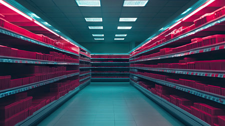 Empty supermarket shelves in a futuristic city with global warning signs on screens, --chaos 30 --ar 16:9 --v 6.1 Job ID: d7cfe58b-308b-41e6-9e10-c172840f0a4dの素材